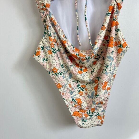Women's 2XL XXL Orange White Floral Open Back One Piece Swimsuit Swimwear Frill - Picture 5 of 13